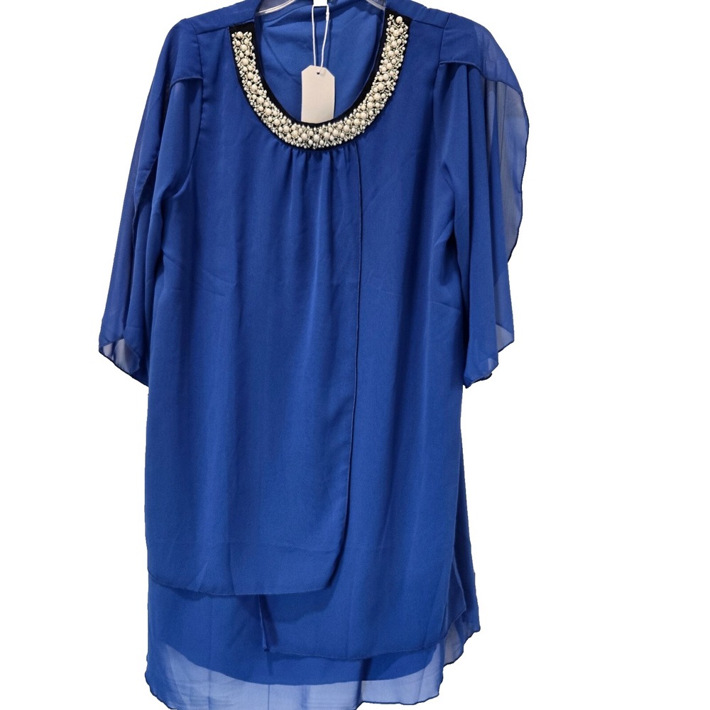 NEW Blue Layered Tunic Top Size L Beaded Elegant Whispy Party‎ Mermaidcore